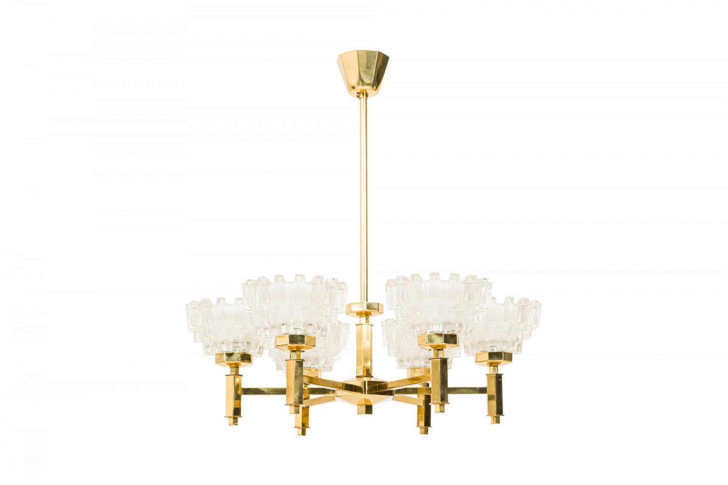 2 Hans Agne Jakobsson Swedish Mid Century Brass and Frosted Geometric cut glass chandeliers